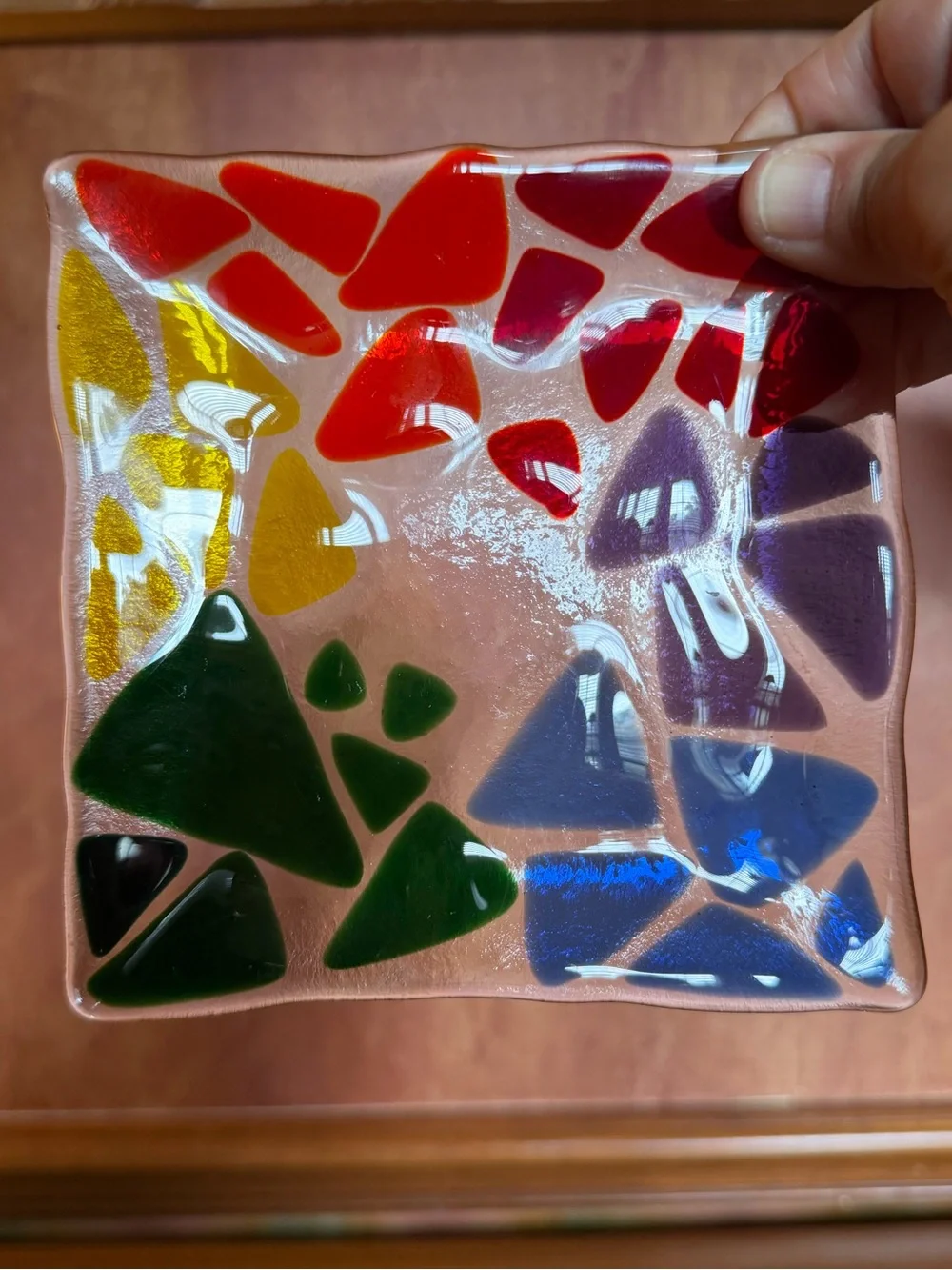 Handmade Fused Glass Mosaic Square Trinket Dish 5.5” Rainbow Colorful Art Deco